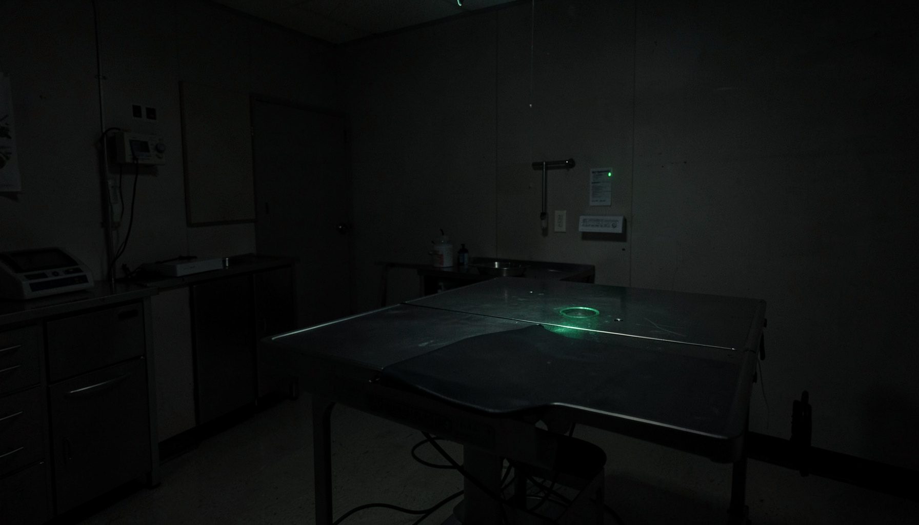 A dimly lit veterinary clinic interior with a steel operating table in the foreground, deep shadows and muted gray tones